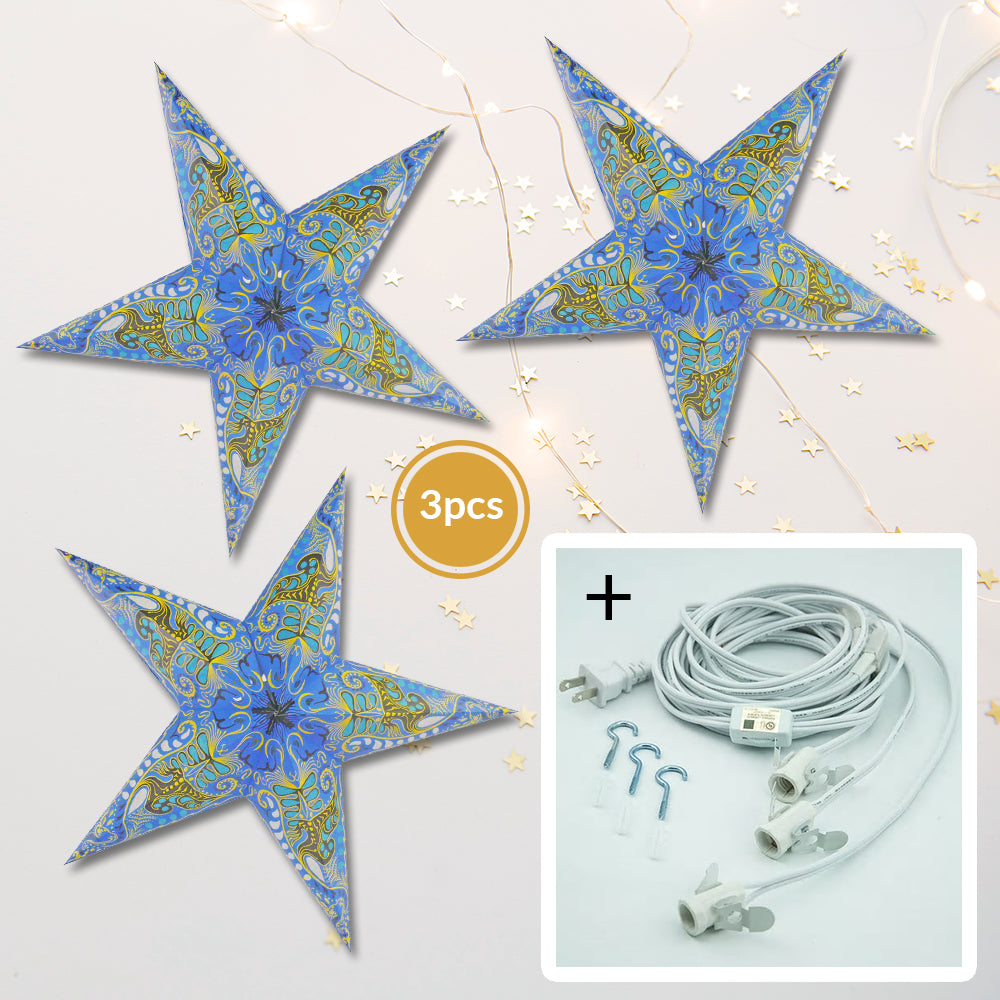 3-PACK + Cord | Light Blue Oriental Swan 24&quot; Illuminated Paper Star Lanterns and Lamp Cord Hanging Decorations - PaperLanternStore.com - Paper Lanterns, Decor, Party Lights &amp; More