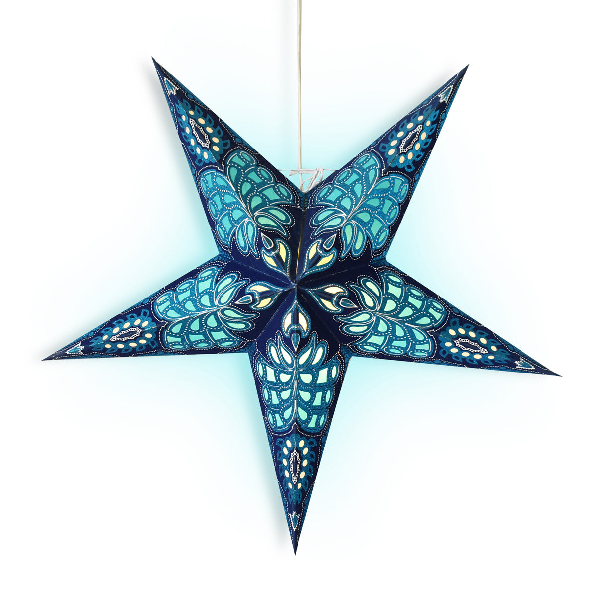 3-PACK + Cord | Blue Monarch Glitter 24&quot; Illuminated Paper Star Lanterns and Lamp Cord Hanging Decorations - PaperLanternStore.com - Paper Lanterns, Decor, Party Lights &amp; More