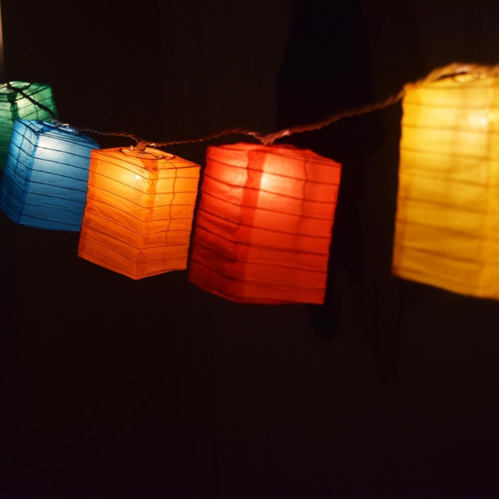 Multi-Color Hako Box Shaped Paper Lantern String String Lights (8FT, Expandable) - PaperLanternStore.com - Paper Lanterns, Decor, Party Lights &amp; More