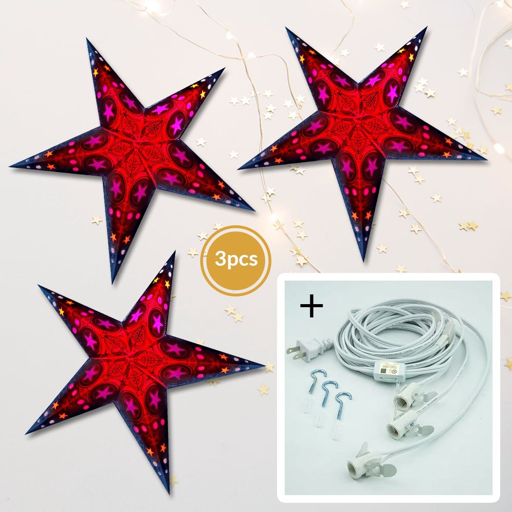 3-PACK + Cord | Mystic Star Window 24&quot; Illuminated Paper Star Lanterns and Lamp Cord Hanging Decorations - PaperLanternStore.com - Paper Lanterns, Decor, Party Lights &amp; More