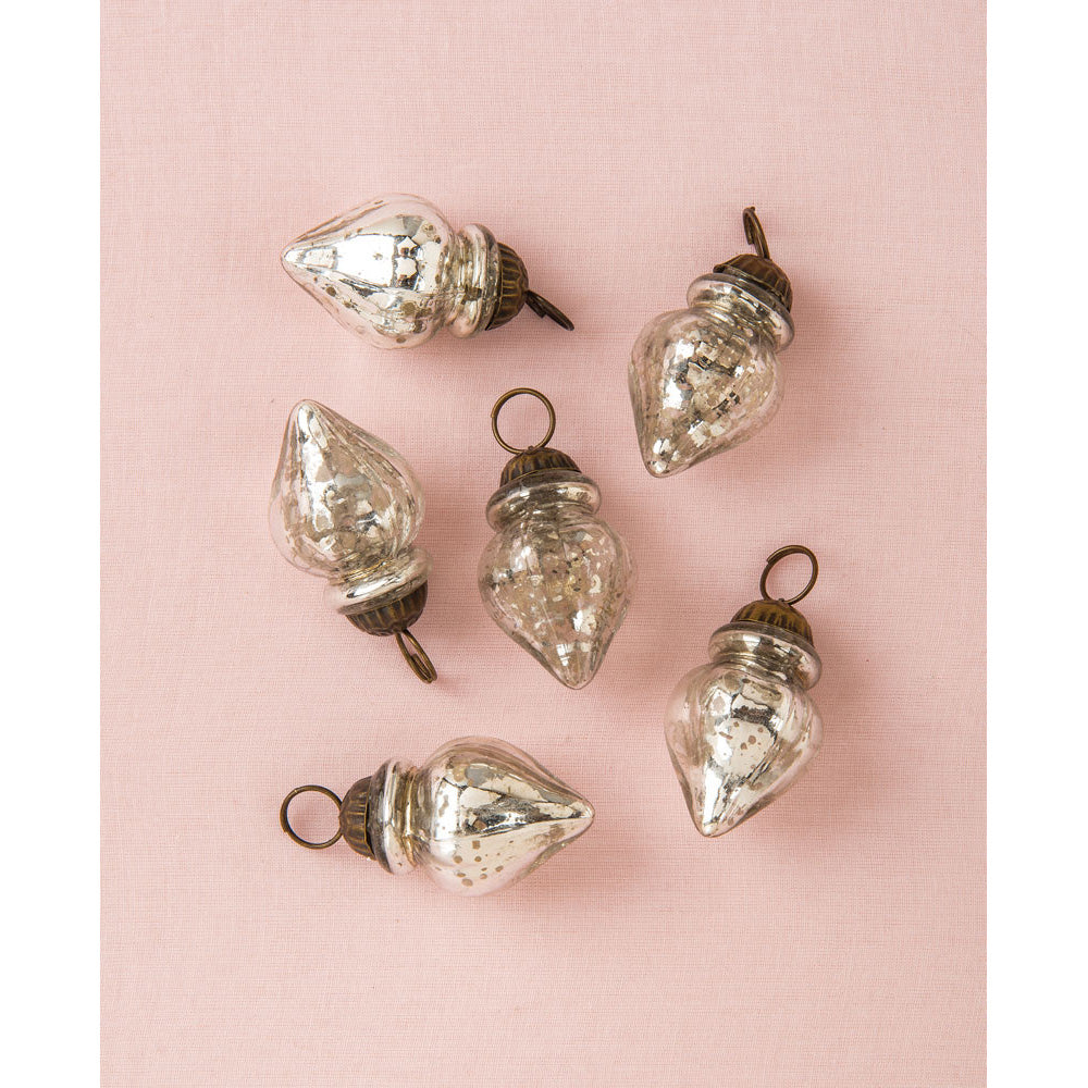 6 Pack | Mini Mercury Glass Ornaments (Blanche Design, 1.75-inch, Silver) - Vintage-Style Decoration