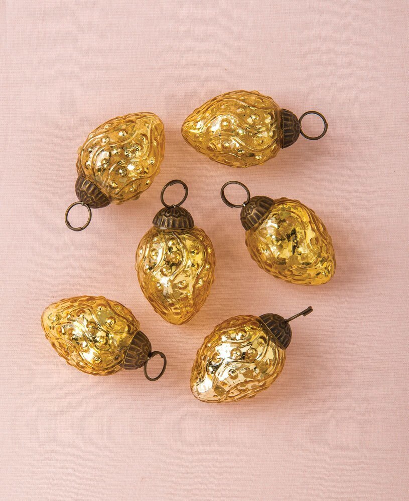 6 Pack | Mercury Glass Mini Ornaments (1.75-inch, Gold, Marie) - Great Gift Idea, Vintage-Style Decorations for Christmas and Home Decor