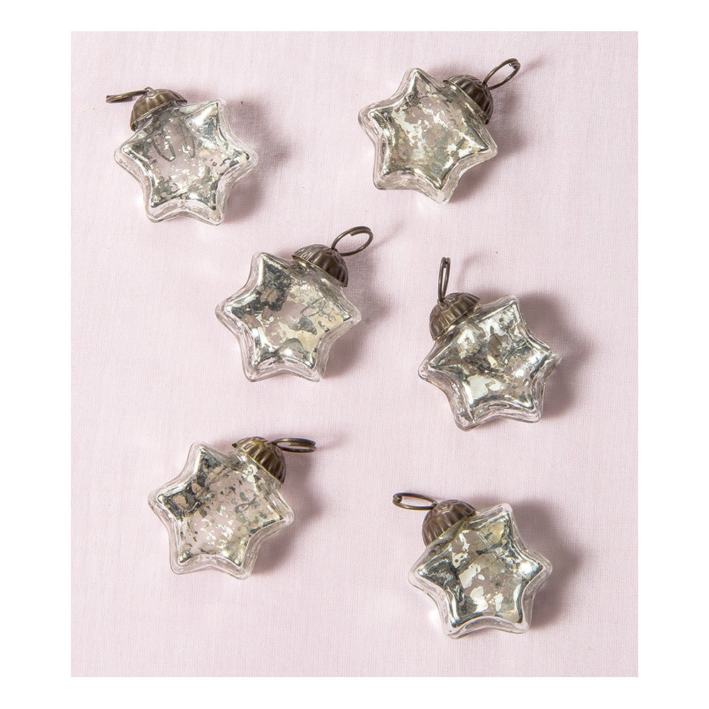 6 Pack | Mini Mercury Glass Star Ornaments (1.5-inch, Silver, Imogen Design) - Great Gift Idea, Vintage-Style Decorations for Christmas and Home Decor
