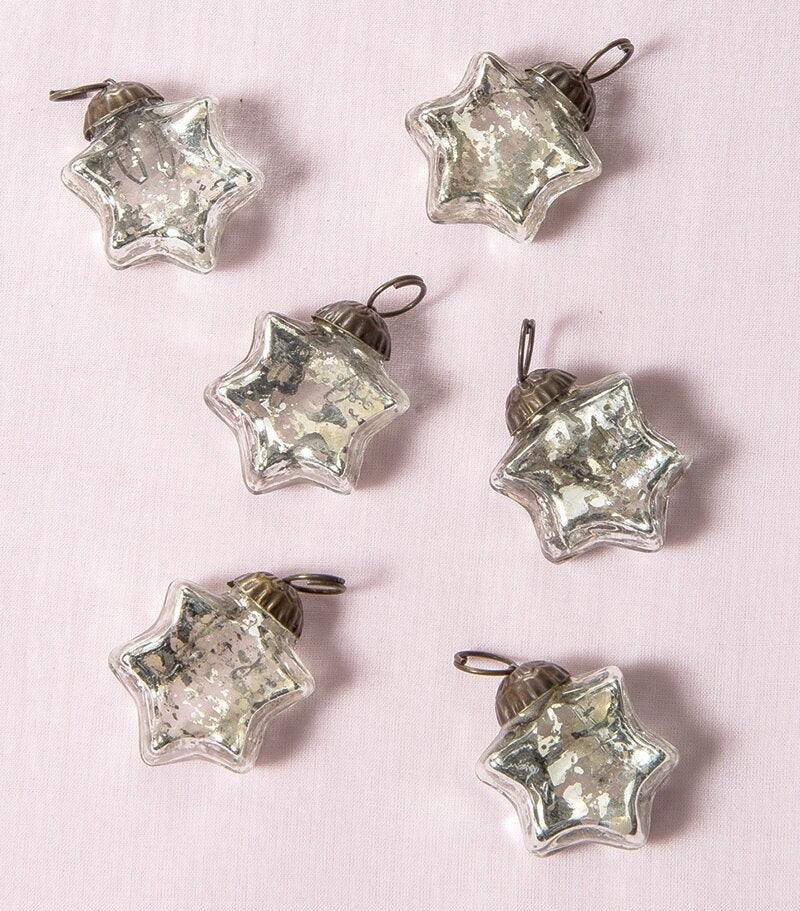 6 Pack | Mini Mercury Glass Star Ornaments (1.5-inch, Silver, Imogen Design) - Great Gift Idea, Vintage-Style Decorations for Christmas and Home Decor