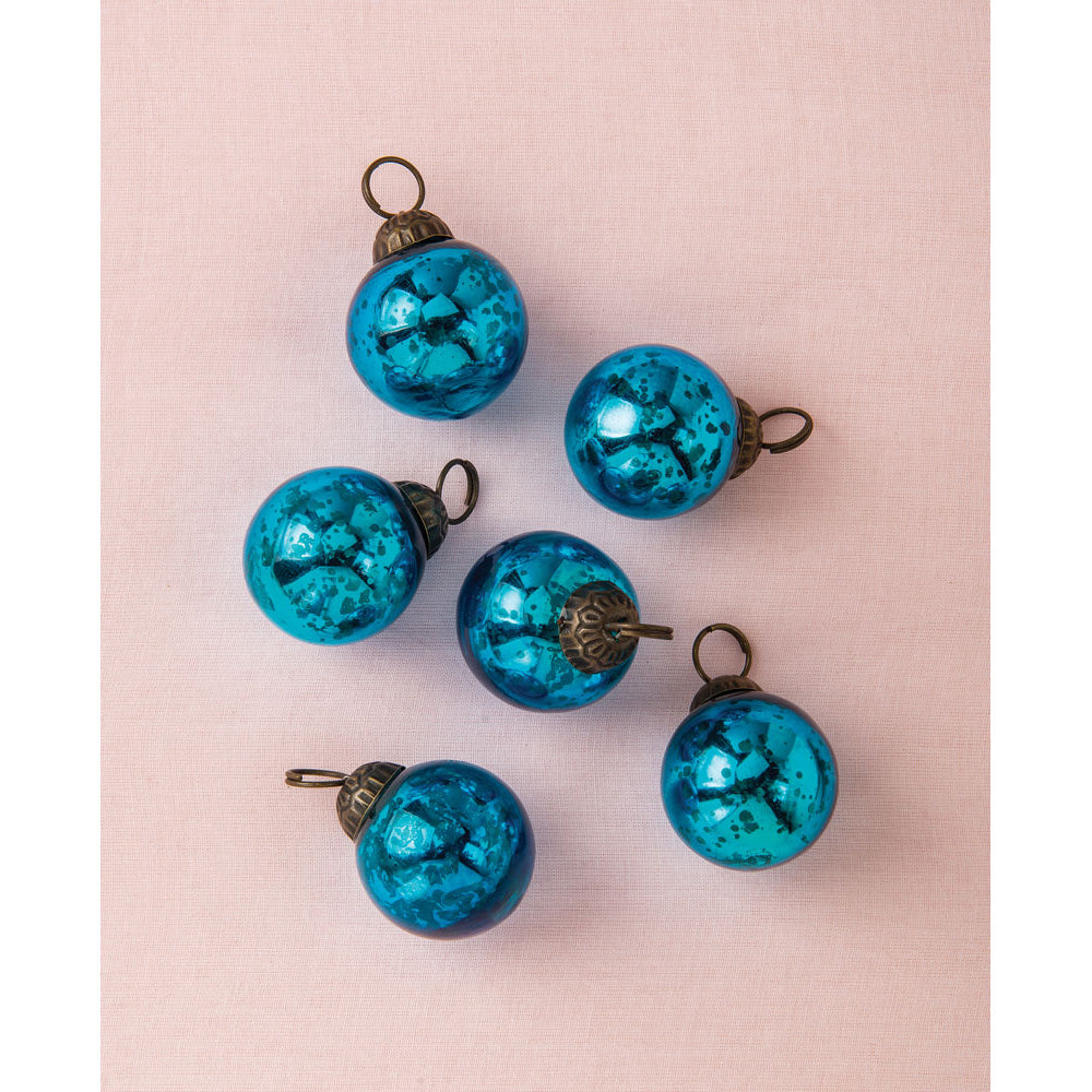 6 Pack | 1.5&quot; Turquoise Blue Ava Mini Mercury Handcrafted Glass Balls Ornaments Christmas Tree Decoration