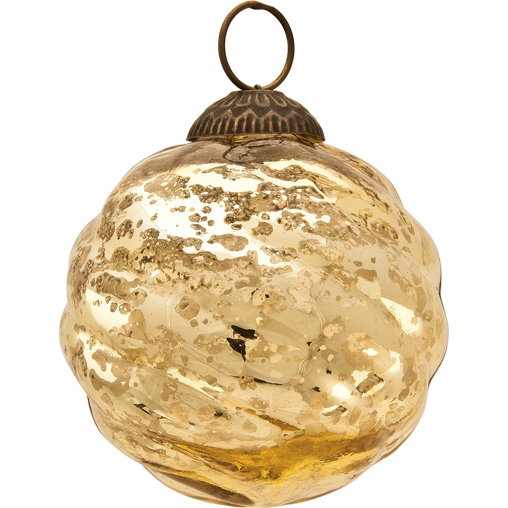 Large Mercury Glass Ball Ornament (3-Inch, Gold, Swirl Motif, Solene Design, Single)