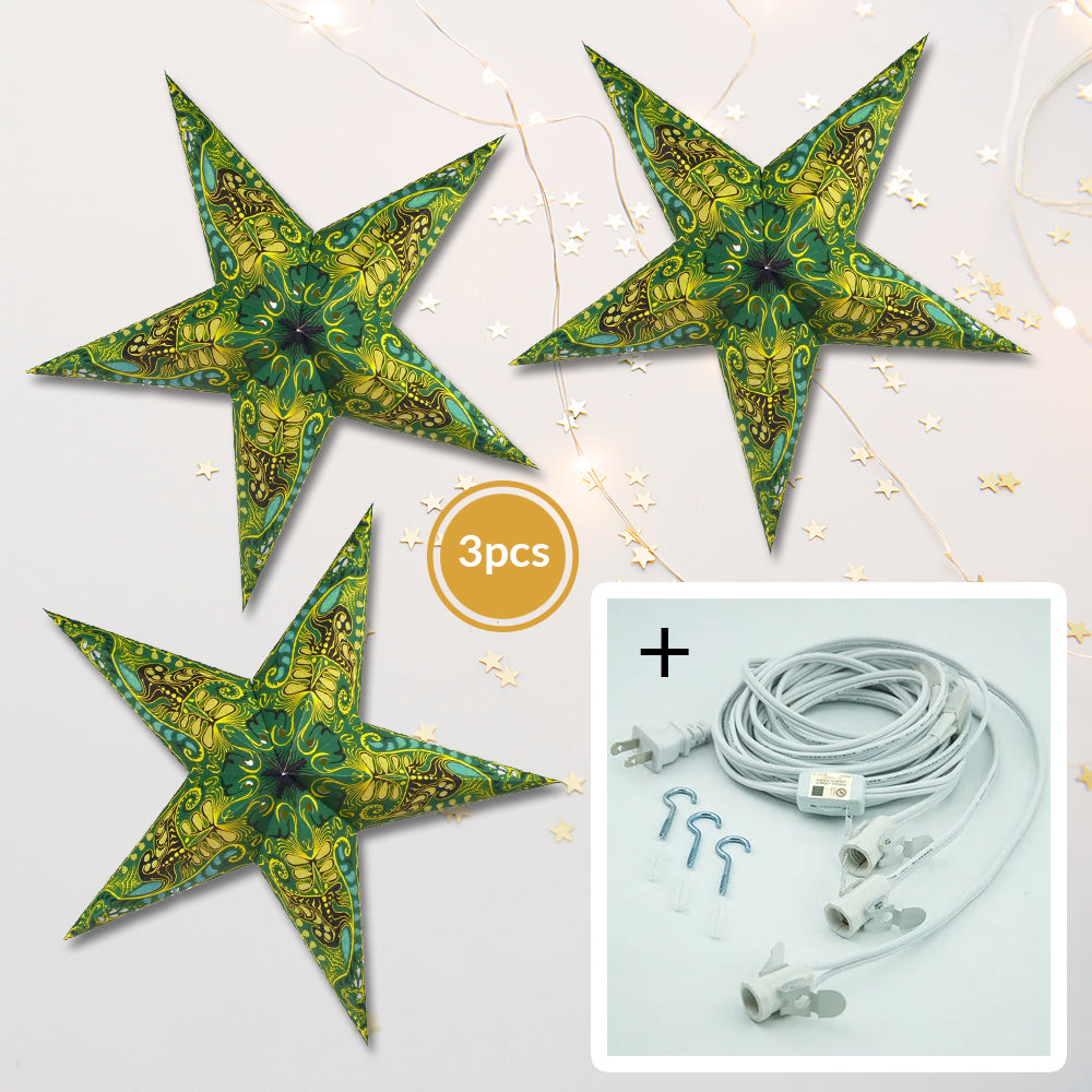 3-PACK + Cord | Green Oriental Swan 24&quot; Illuminated Paper Star Lanterns and Lamp Cord Hanging Decorations - PaperLanternStore.com - Paper Lanterns, Decor, Party Lights &amp; More