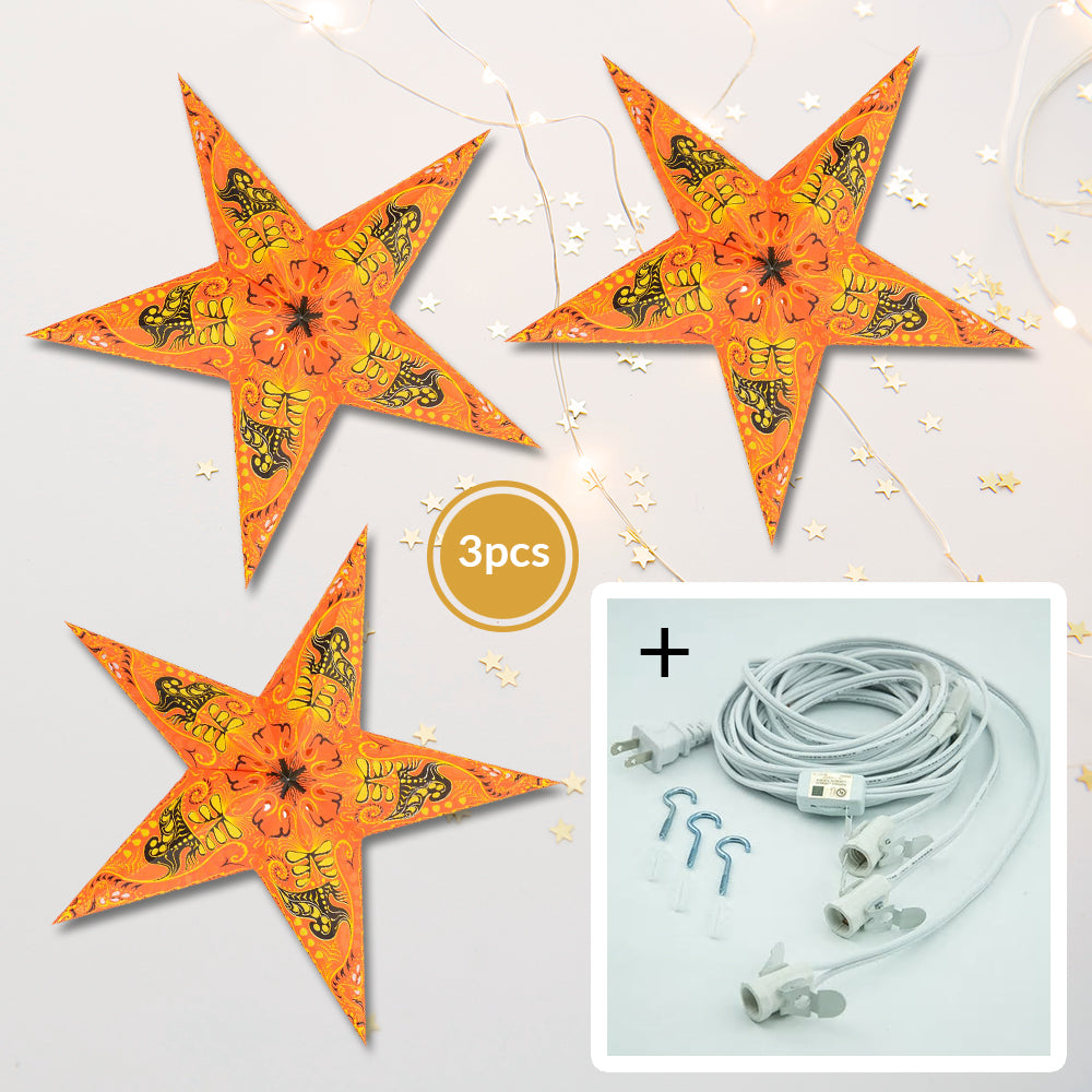 3-PACK + Cord | Orange Oriental Swan 24" Illuminated Paper Star Lanterns and Lamp Cord Hanging Decorations - PaperLanternStore.com - Paper Lanterns, Decor, Party Lights & More