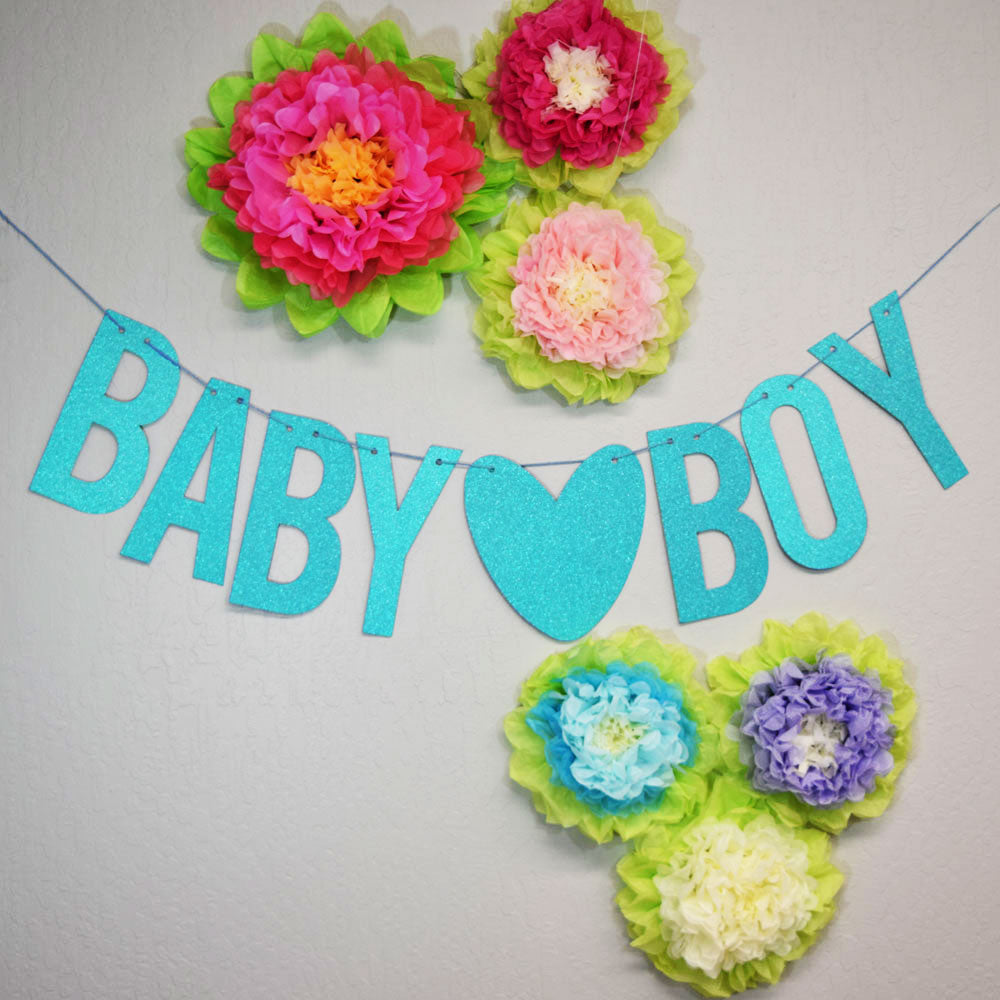 Baby &amp;hearts; Boy Baby Shower Glitter Paper Garland Banner (4-9 FT) - PaperLanternStore.com - Paper Lanterns, Decor, Party Lights &amp; More