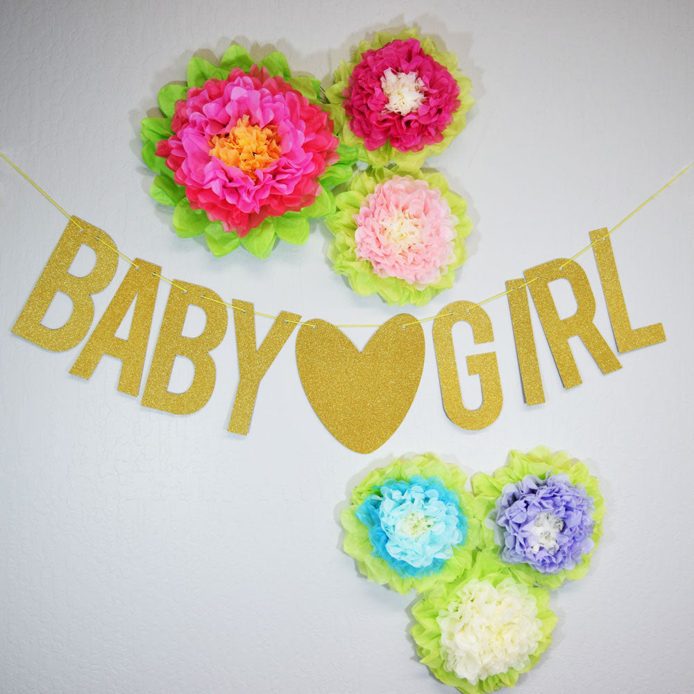 Baby &amp;hearts; Girl Baby Shower Glitter Paper Garland Banner (4-9 FT) - PaperLanternStore.com - Paper Lanterns, Decor, Party Lights &amp; More