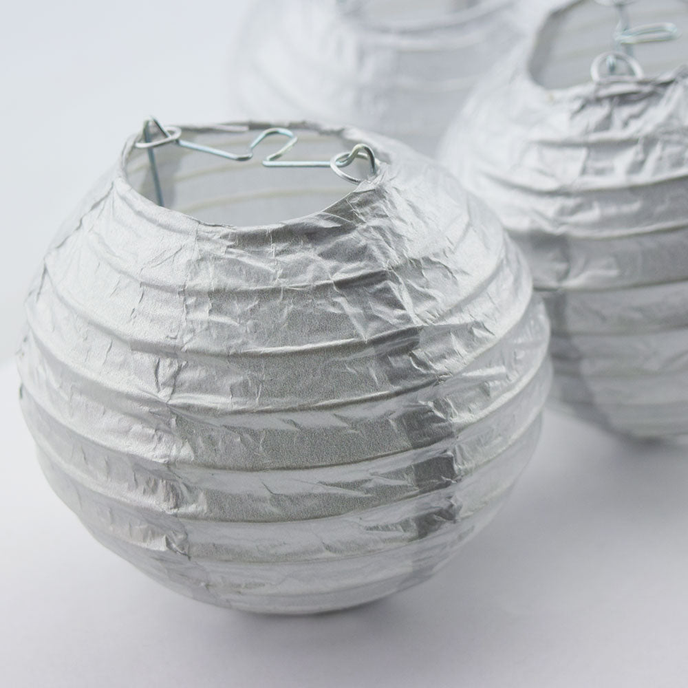 10 Socket Silver Round Paper Lantern Party String Lights (4&quot; Lanterns, Expandable) - PaperLanternStore.com - Paper Lanterns, Decor, Party Lights &amp; More