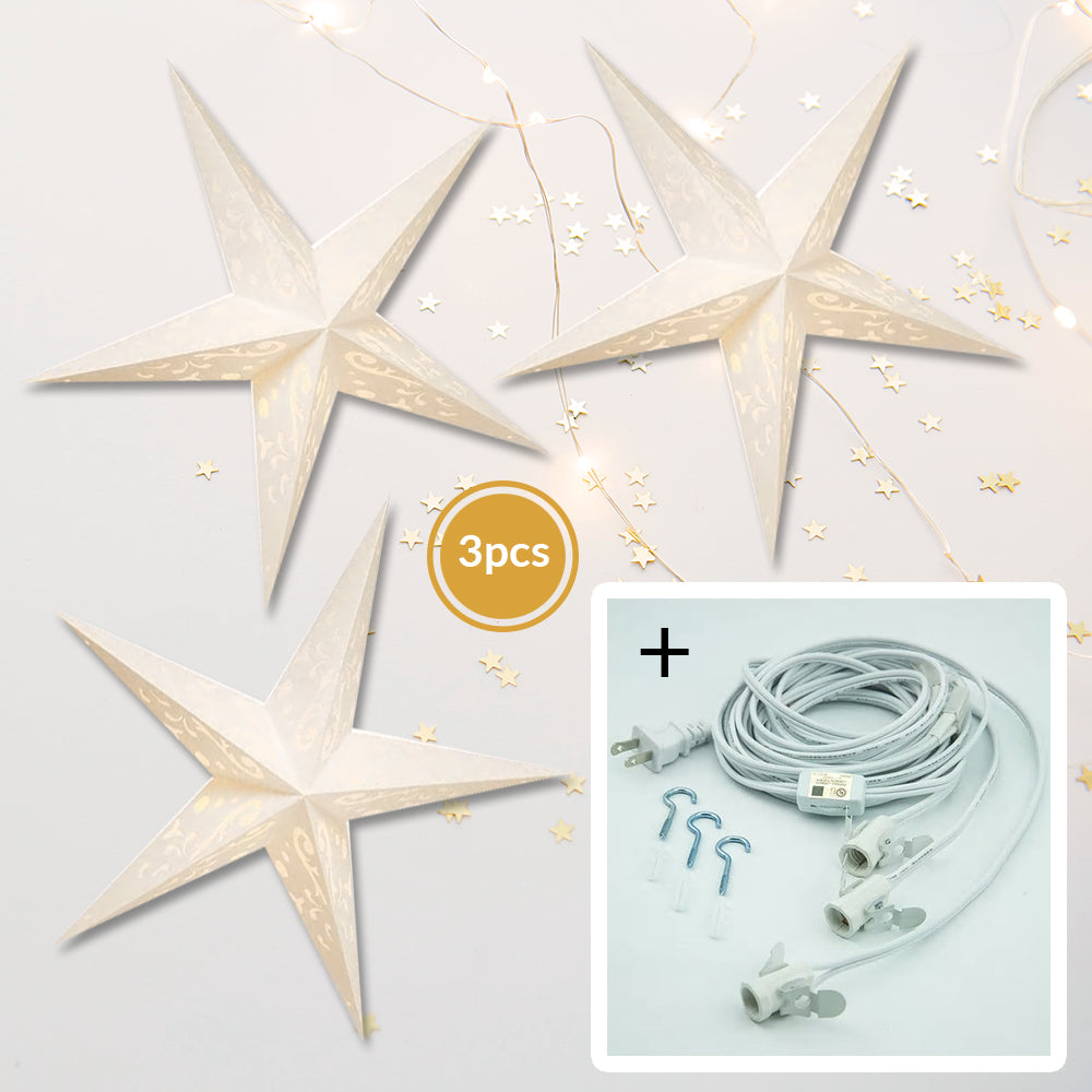 3-PACK + Cord | White Harmony 24&quot; Illuminated Paper Star Lanterns and Lamp Cord Hanging Decorations - PaperLanternStore.com - Paper Lanterns, Decor, Party Lights &amp; More