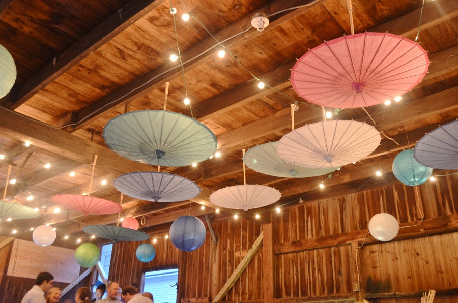 28&quot; Wedding White Paper Parasol Umbrellas with Long Elegant Handle - PaperLanternStore.com - Paper Lanterns, Decor, Party Lights &amp; More