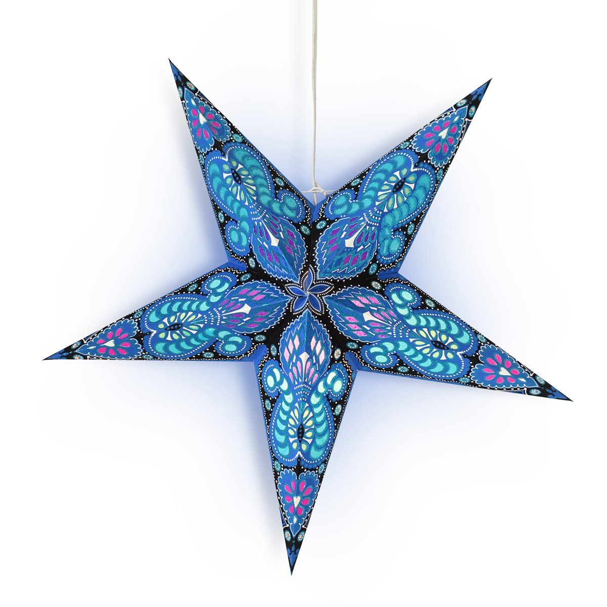24" Blue Peacock Glitter Paper Star Lantern, Hanging Wedding & Party Decoration - PaperLanternStore.com - Paper Lanterns, Decor, Party Lights & More