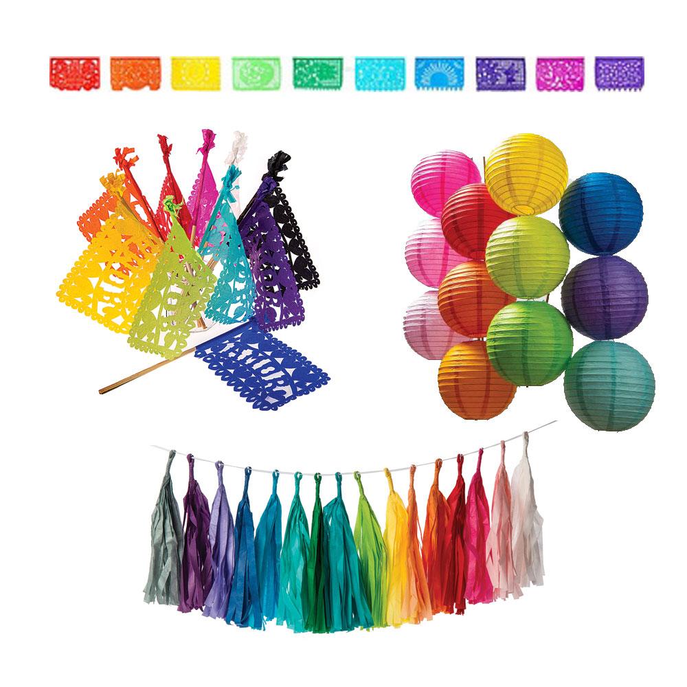 Luna Bazaar Rainbow Party Decoration Kit - Includes Garland, Paper Lanterns, Papel Picado Mexican Banner and Mexican Flags - PaperLanternStore.com - Paper Lanterns, Decor, Party Lights &amp; More