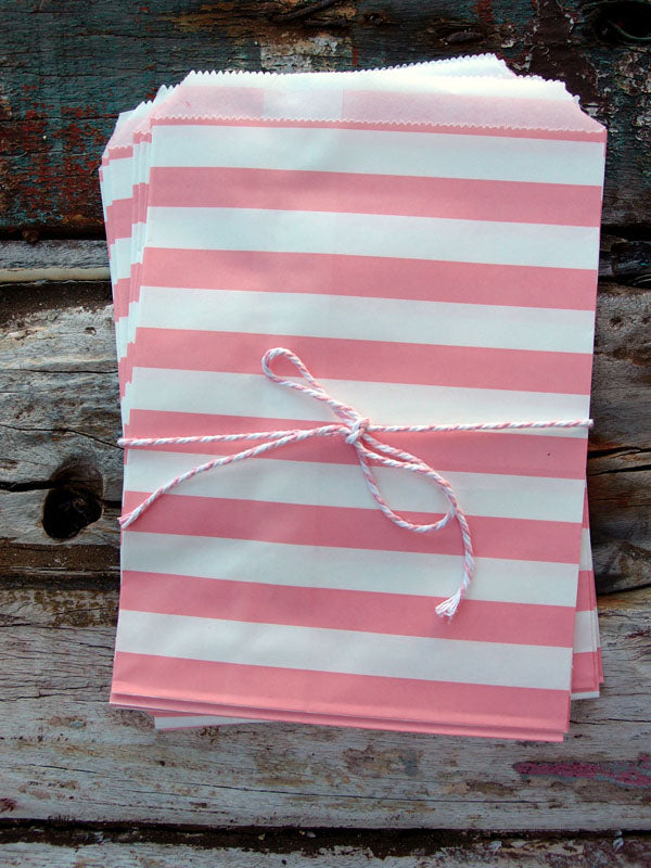 Pink Stripe Paper Treat Bags - (12 PCS) - PaperLanternStore.com - Paper Lanterns, Decor, Party Lights &amp; More