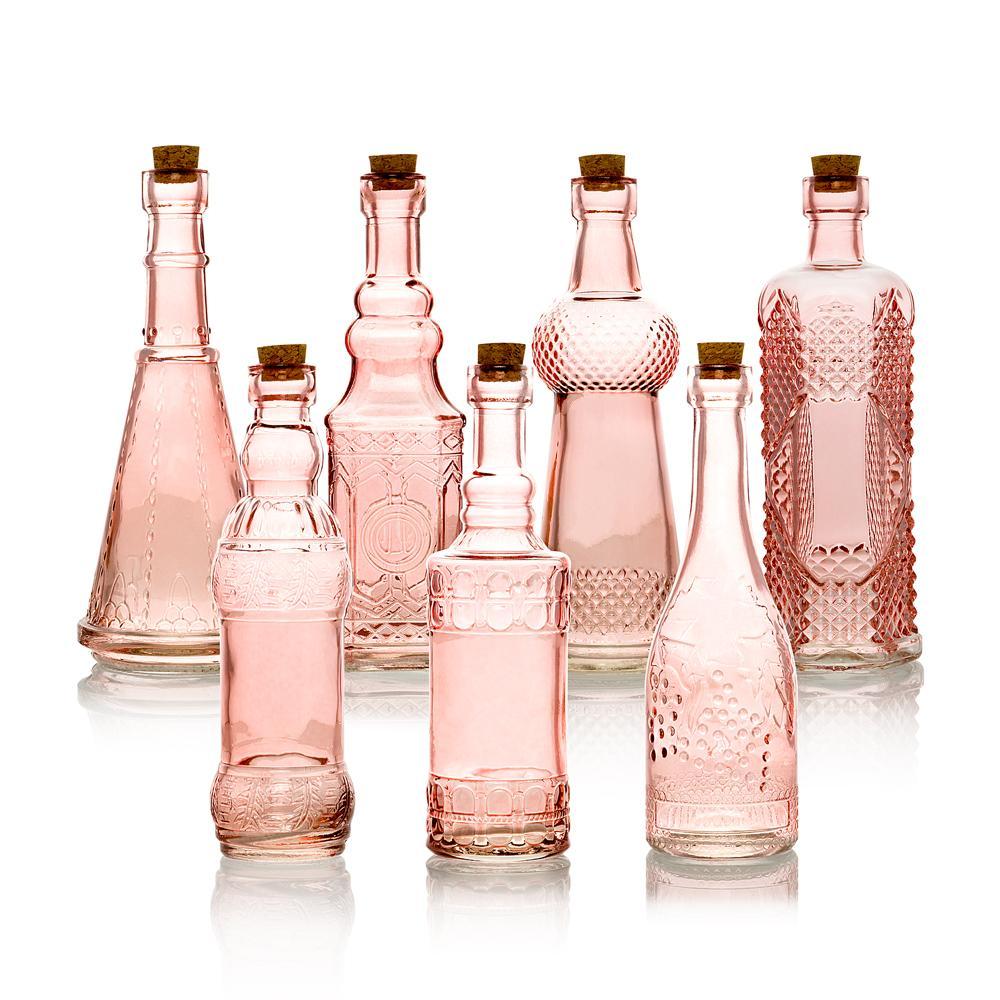 7pc Pink Vintage Glass Wedding Bottle Set, Assorted Wedding Table and Centerpiece Display - PaperLanternStore.com - Paper Lanterns, Decor, Party Lights &amp; More