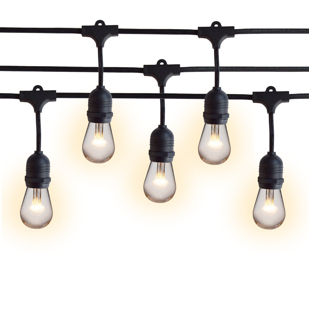 24 Suspended Socket Outdoor Commercial String Light Set, 54 FT Black Cord w/ 0.8-Watt Shatterproof LED Bulbs, Weatherproof SJTW