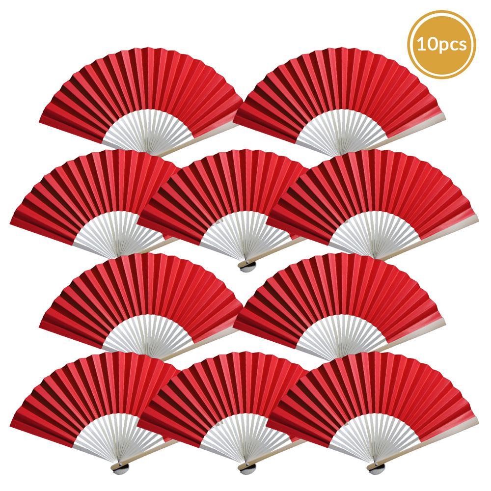 9" Red Paper Hand Fans for Weddings, Premium Paper Stock (10 Pack