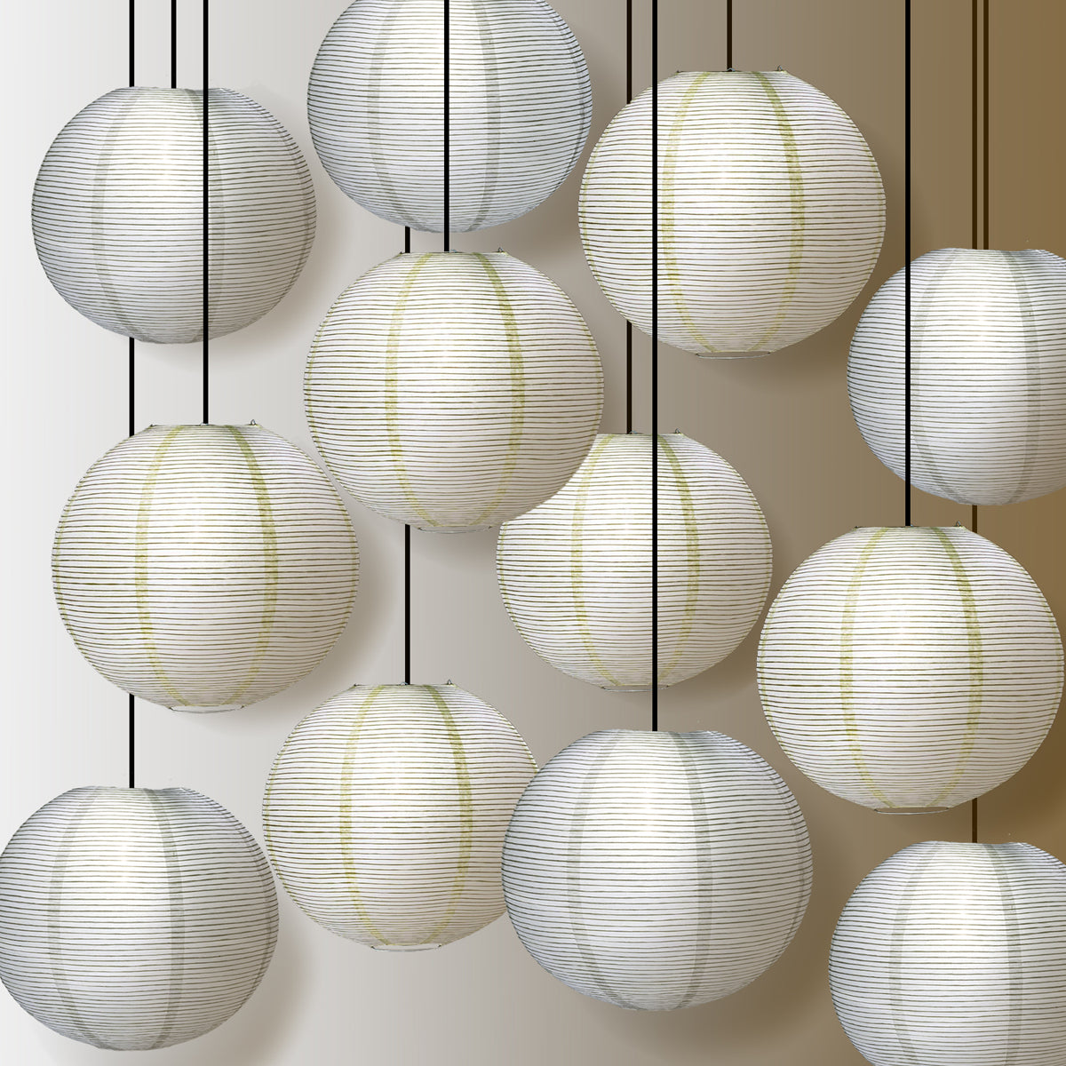 Premium 12-Piece Fine Line White and Beige Paper Lantern Party Pack Set - PaperLanternStore.com - Paper Lanterns, Decor, Party Lights & More