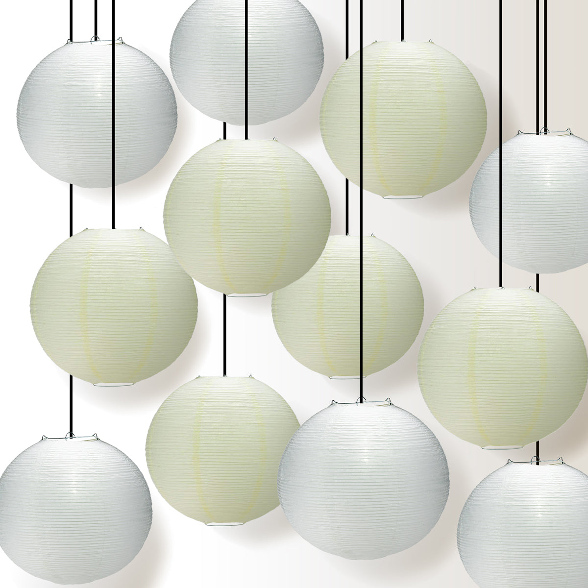 Premium 12-Piece Fine Line White and Beige Paper Lantern Party Pack Set - PaperLanternStore.com - Paper Lanterns, Decor, Party Lights &amp; More
