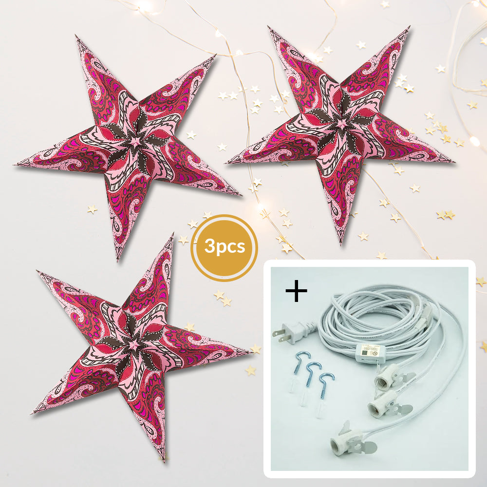 3-PACK + Cord | Violet Purple Paisley 24&quot; Illuminated Paper Star Lanterns and Lamp Cord Hanging Decorations - PaperLanternStore.com - Paper Lanterns, Decor, Party Lights &amp; More