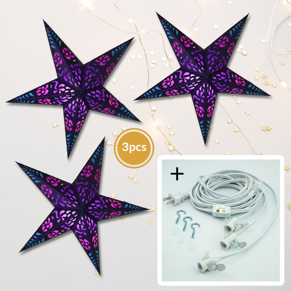 3-PACK + Cord | Purple Punch 24&quot; Illuminated Paper Star Lanterns and Lamp Cord Hanging Decorations - PaperLanternStore.com - Paper Lanterns, Decor, Party Lights &amp; More
