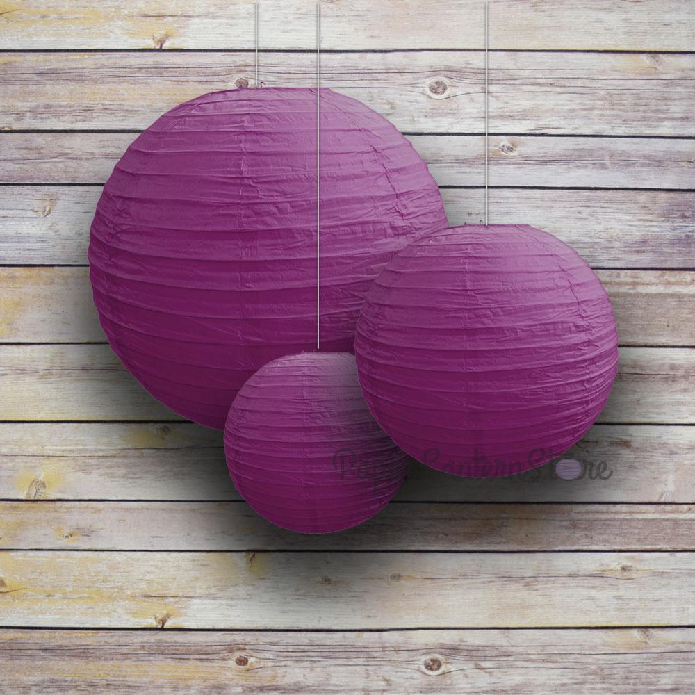 8/12/16&quot; Purple Round Paper Lanterns, Even Ribbing (3-Pack Cluster) - PaperLanternStore.com - Paper Lanterns, Decor, Party Lights &amp; More