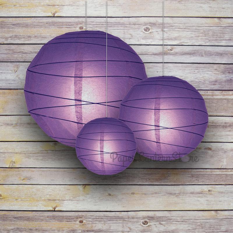 8/12/16&quot; Purple Round Paper Lanterns, Irregular Ribbing (3-Pack Cluster) - PaperLanternStore.com - Paper Lanterns, Decor, Party Lights &amp; More