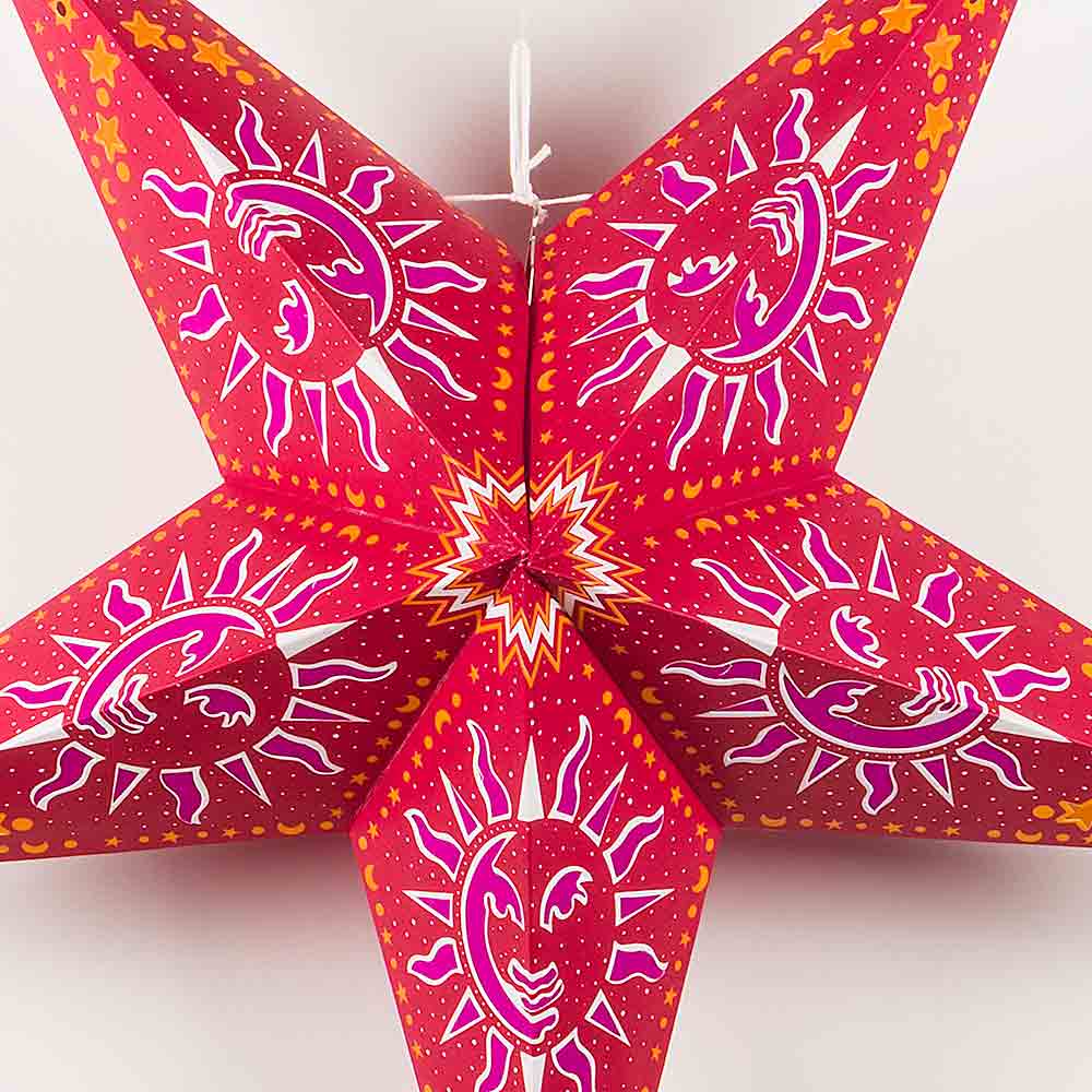 3-PACK + Cord | Red Sun and Stars 24" Illuminated Paper Star Lanterns and Lamp Cord Hanging Decorations - PaperLanternStore.com - Paper Lanterns, Decor, Party Lights & More