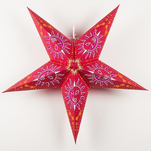 3-PACK + Cord | Red Sun and Stars 24&quot; Illuminated Paper Star Lanterns and Lamp Cord Hanging Decorations - PaperLanternStore.com - Paper Lanterns, Decor, Party Lights &amp; More