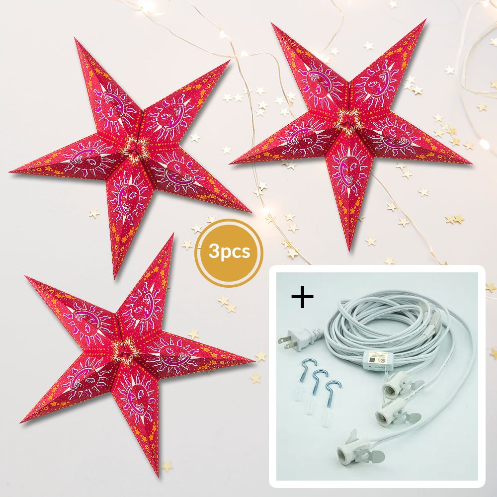 3-PACK + Cord | Red Sun and Stars 24&quot; Illuminated Paper Star Lanterns and Lamp Cord Hanging Decorations - PaperLanternStore.com - Paper Lanterns, Decor, Party Lights &amp; More