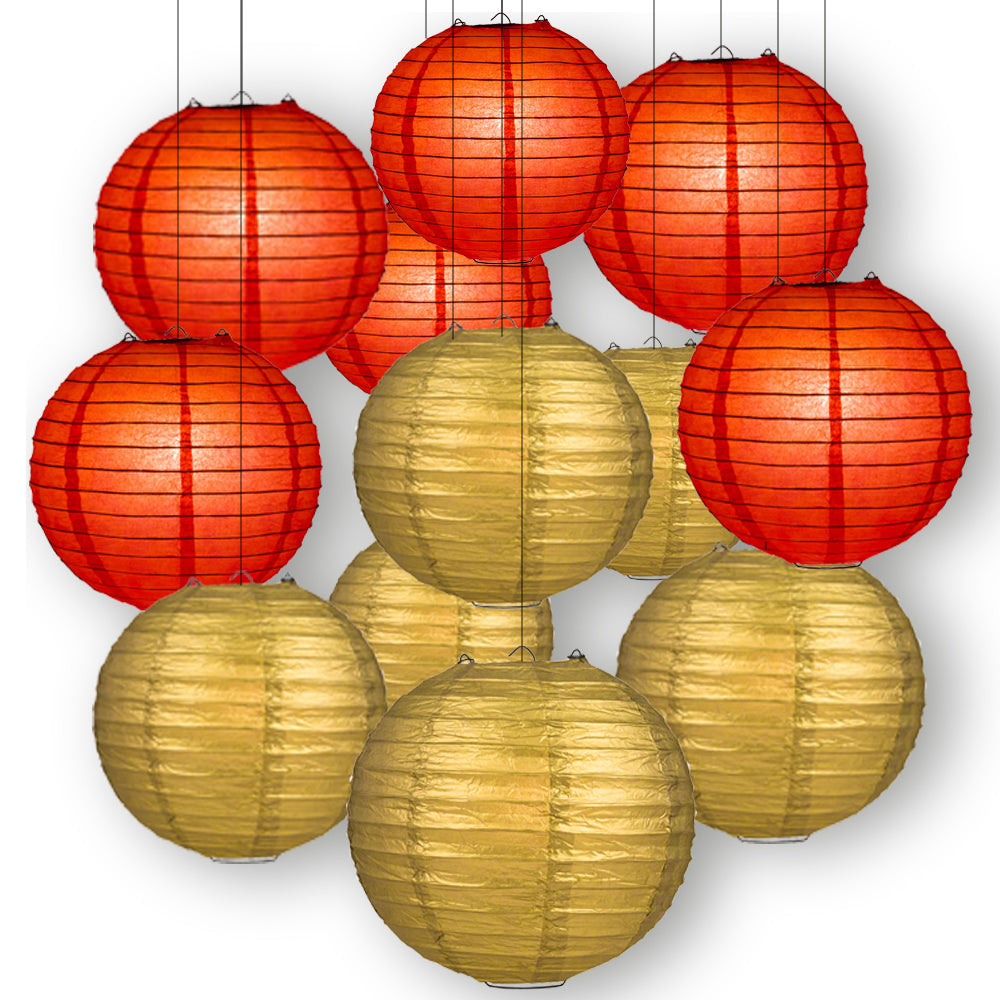 Red and Gold Party Pack Parallel Ribbed Paper Lantern Combo Set (12 pc Set) - PaperLanternStore.com - Paper Lanterns, Decor, Party Lights &amp; More
