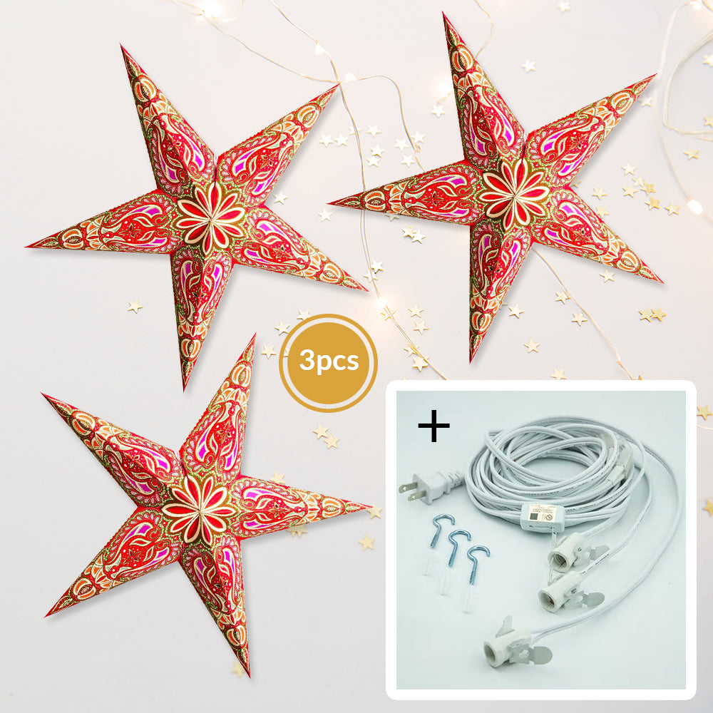 3-PACK + Cord | Green Alaskan Glitter 24" Illuminated Paper Star Lanterns and Lamp Cord Hanging Decorations - PaperLanternStore.com - Paper Lanterns, Decor, Party Lights & More