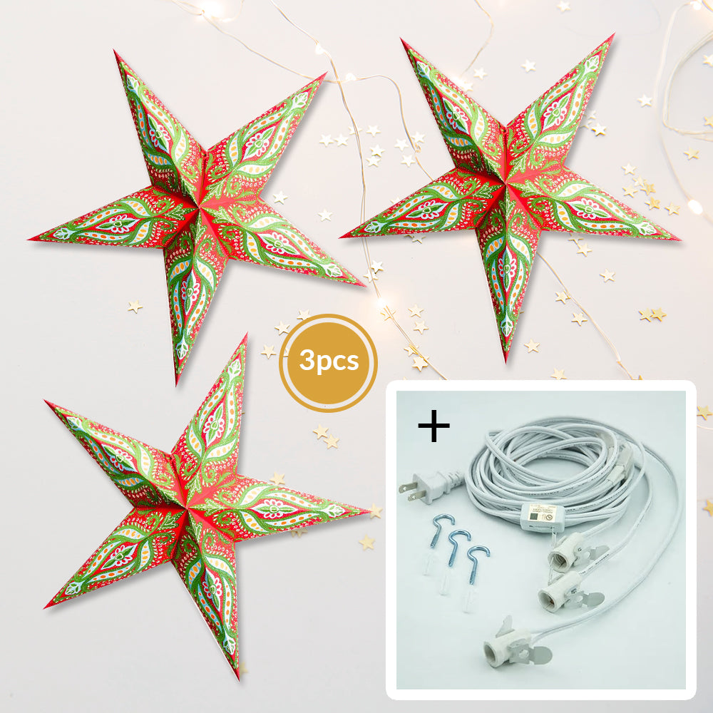 3-PACK + Cord | Red and Green Dragon Glitter 24&quot; Illuminated Paper Star Lanterns and Lamp Cord Hanging Decorations - PaperLanternStore.com - Paper Lanterns, Decor, Party Lights &amp; More