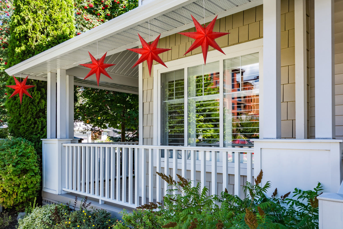 LANTERN + CORD + BULB | 30&quot; Red 7-Point Weatherproof Star Lantern Lamp, Hanging Decoration