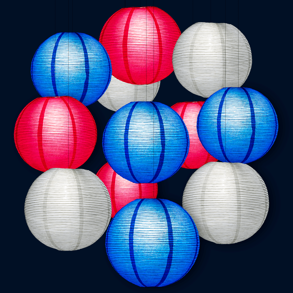 12" Patriotic Fine Line Ribbing Party Pack Paper Lantern Combo Set (12-PACK) - PaperLanternStore.com - Paper Lanterns, Decor, Party Lights & More