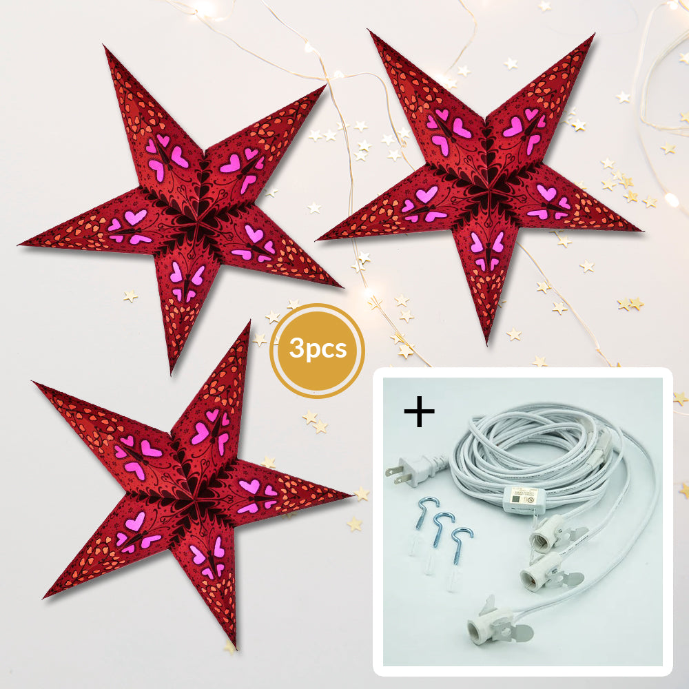 3-PACK + Cord | Red Butterfly and Hearts 24&quot; Illuminated Paper Star Lanterns and Lamp Cord Hanging Decorations - PaperLanternStore.com - Paper Lanterns, Decor, Party Lights &amp; More