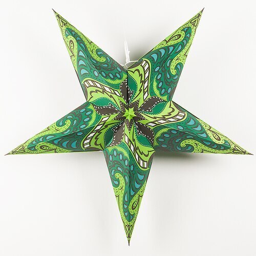 3-PACK + Cord | Green Paisley 24&quot; Illuminated Paper Star Lanterns and Lamp Cord Hanging Decorations - PaperLanternStore.com - Paper Lanterns, Decor, Party Lights &amp; More