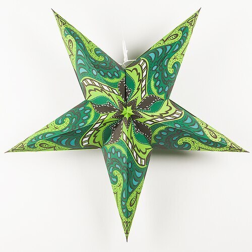3-PACK + Cord | Green Paisley 24&quot; Illuminated Paper Star Lanterns and Lamp Cord Hanging Decorations - PaperLanternStore.com - Paper Lanterns, Decor, Party Lights &amp; More