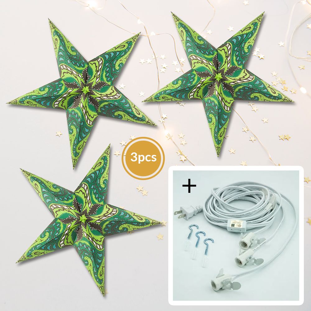 3-PACK + Cord | Green Paisley 24&quot; Illuminated Paper Star Lanterns and Lamp Cord Hanging Decorations - PaperLanternStore.com - Paper Lanterns, Decor, Party Lights &amp; More