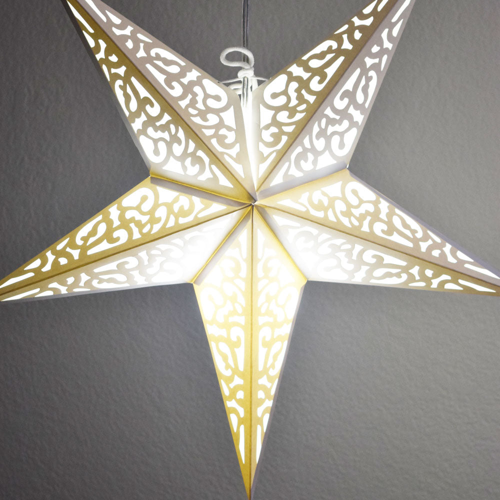 3-PACK + Cord | White Liberty 24&quot; Illuminated Paper Star Lanterns and Lamp Cord Hanging Decorations - PaperLanternStore.com - Paper Lanterns, Decor, Party Lights &amp; More