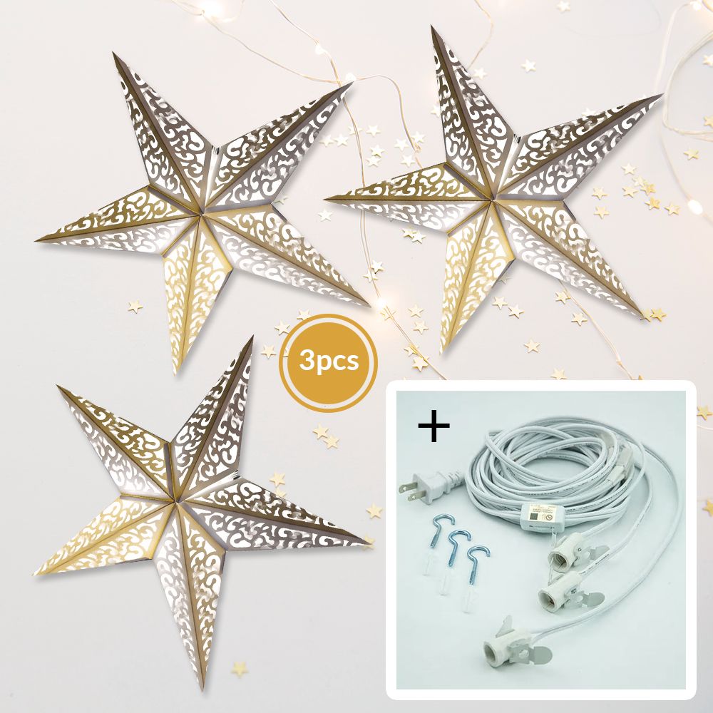 3-PACK + Cord | White Liberty 24&quot; Illuminated Paper Star Lanterns and Lamp Cord Hanging Decorations - PaperLanternStore.com - Paper Lanterns, Decor, Party Lights &amp; More