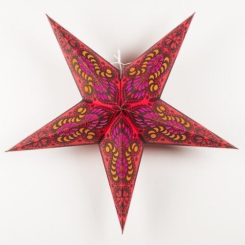 3-PACK + Cord | Red Peacock 24&quot; Illuminated Paper Star Lanterns and Lamp Cord Hanging Decorations - PaperLanternStore.com - Paper Lanterns, Decor, Party Lights &amp; More