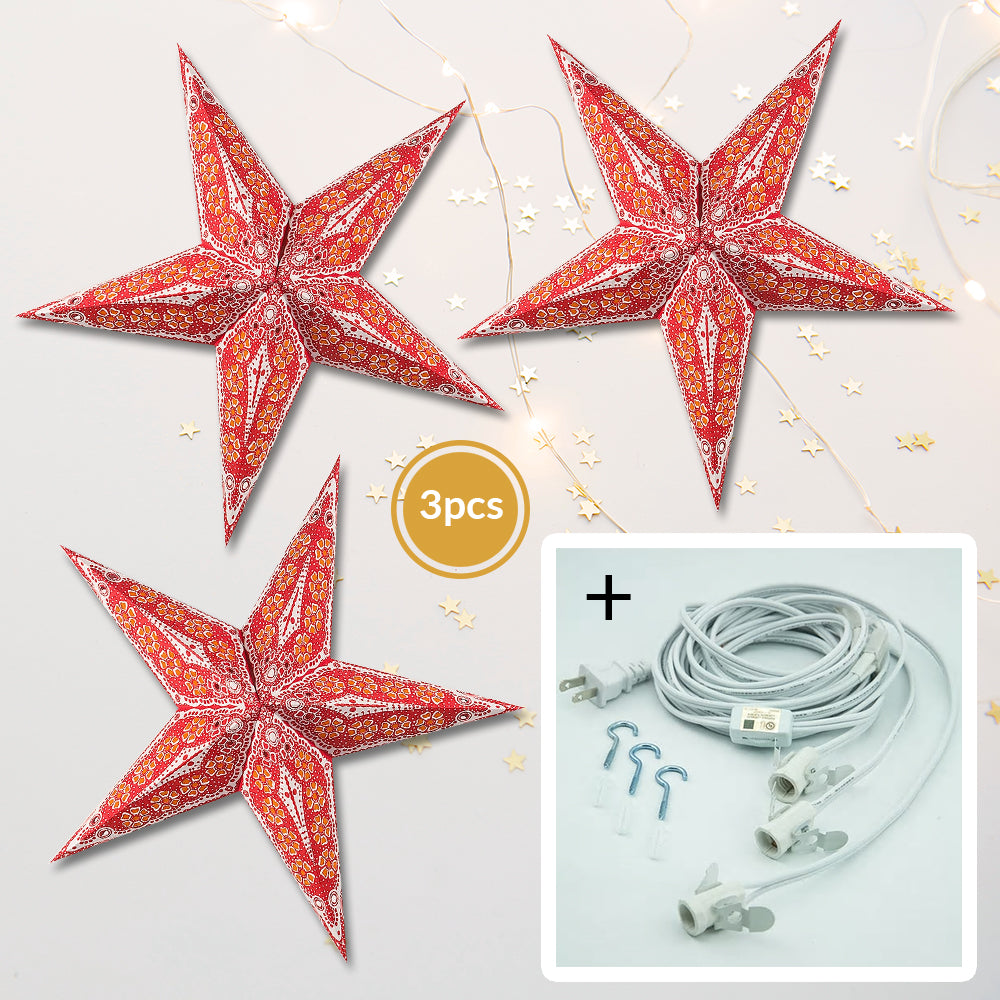 3-PACK + Cord | Red Petal Cut 24&quot; Illuminated Paper Star Lanterns and Lamp Cord Hanging Decorations - PaperLanternStore.com - Paper Lanterns, Decor, Party Lights &amp; More