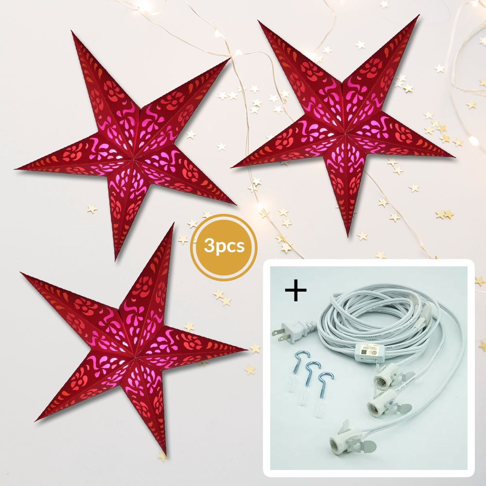 3-PACK + Cord | Red Punch 24" Illuminated Paper Star Lanterns and Lamp Cord Hanging Decorations - PaperLanternStore.com - Paper Lanterns, Decor, Party Lights & More