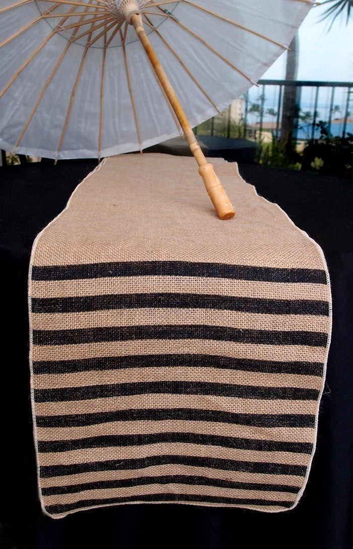 Vintage Burlap Table Runner w/ Black Striped Pattern (12 x 108) - PaperLanternStore.com - Paper Lanterns, Decor, Party Lights &amp; More