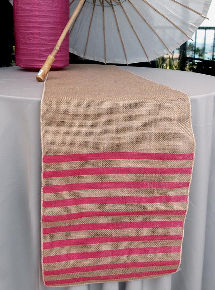 Vintage Burlap Table Runner w/ Fuchsia / Hot Pink Striped Pattern (12 x 108) - PaperLanternStore.com - Paper Lanterns, Decor, Party Lights &amp; More