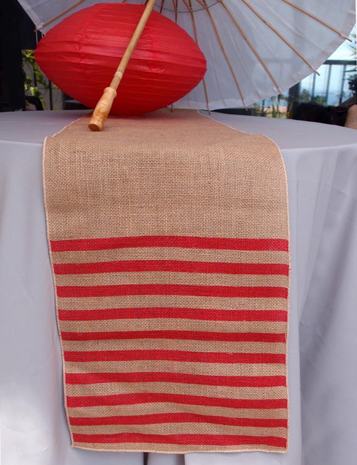 Vintage Burlap Table Runner w/ Red Striped Pattern (12 x 108) - PaperLanternStore.com - Paper Lanterns, Decor, Party Lights & More