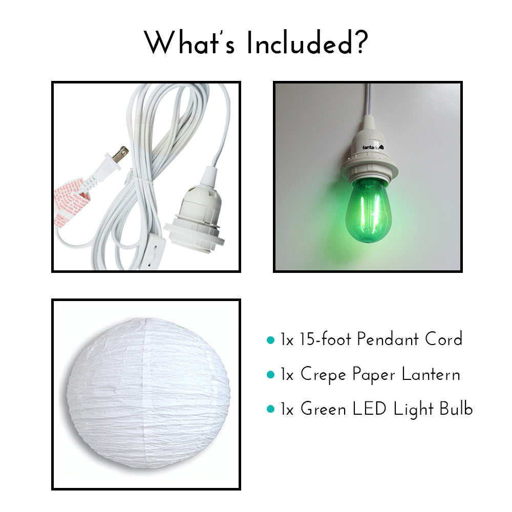 Crepe Premium Paper Lantern Pendant Light Cord Kit with S14 Green LED Bulb